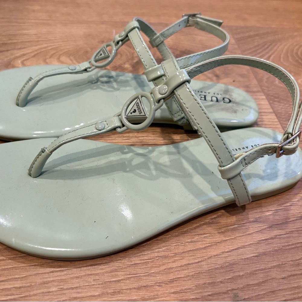 Guess mint Green T-Strap Sandals with Glossy Finish